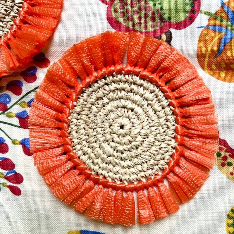 Woven Rattan Fringe Coasters - Orange