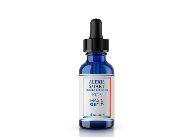 A 30 ml bottle filled with natural remedy designed to reduce anxiety, timidity, and fears in children, making them feel safe.