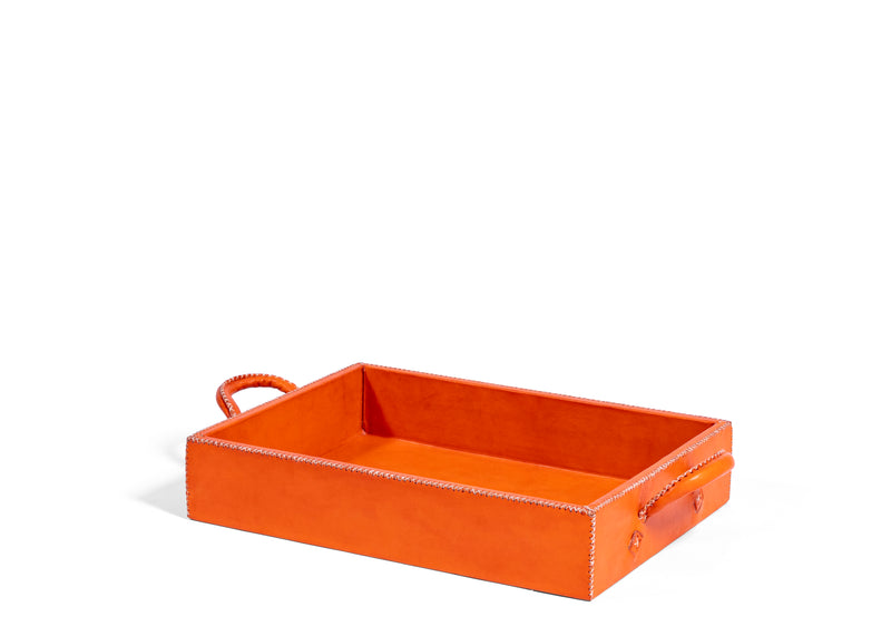Handled Leather Tray - Orange