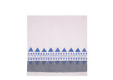 Unfolded Geo Napkin revealing a bigger part of a white side, adorned with grey and blue geometrical details in the bottom.