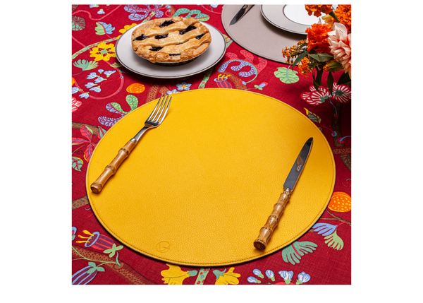 Round Leather Reversible Placemat - Yellow + Taupe